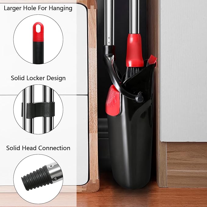 Loonpon Broom with Dustpan Combo Set, 43” Long Handle Broom and Dustpan Set, Upright Standing Dust Pan for Home and Kitchen, Brooms for Sweeping Indoor（Black&Red）