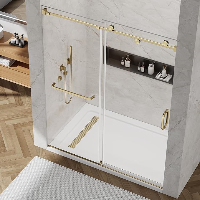56-60" W x 76" H Frameless Sliding Shower Door, Frameless Shower Door, Shower Glass Door with 5/16" (8mm) Clear SGCC Tempered Glass, Stainless Steel Hardware O01 (Brushed Gold)