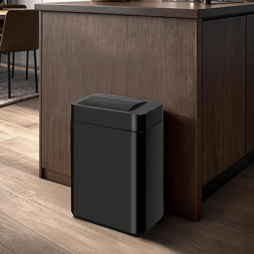 Sensor Trash Can with Butterfly Lid 2.6 Gallon Rectangular Automatic Garbage Can, Stainless Steel Trash Bin, Slim Waterproof Wastebaskets with Lid Soft Close for Under Counter, Black