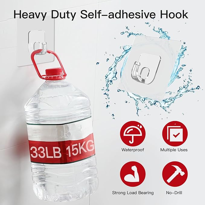 Large Adhesive Hooks, 33lb Heavy Duty Utility Hooks for Hanging, 30 Pack Damage Free Sticky Hanging Hook, No Trace Self-Adhesive Wall Hook for Kitchen Bathroom Office Multiple Uses