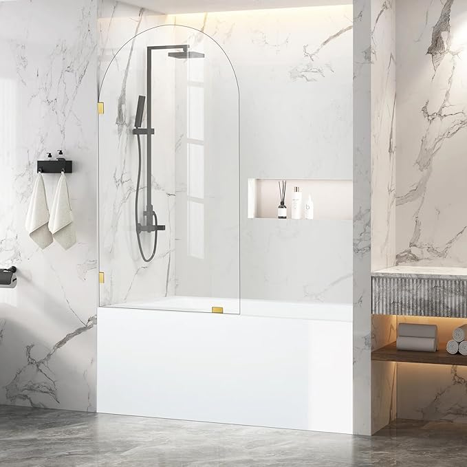 34" W X 58.25" H Tub Shower Door, Frameless Bathtub Glass Shower Door with Clamps, 5/16"(8mm) Clear Tempered Glass Bathroom Shower Screen Single Fixed Bath Panel in Brushed Gold
