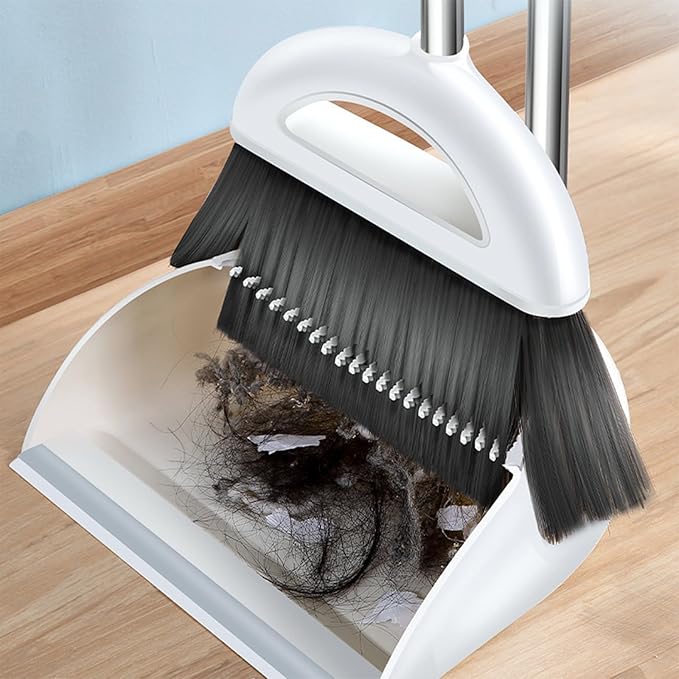 Broom and Dustpan Combo for Office, Broom and Dustpan Set for Home, Long Handle Broom with Upright Standing Dustpan, Indoor & Outdoor Sweeping