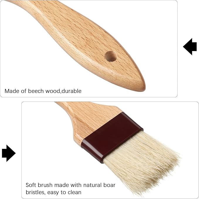 Boao Natural Bristle Pastry Brush Beech Wooden Handle Basting and BBQ Brushes for Cooking, Butter, Oil, Egg, Marinade, Grilling, Baking, Kitchen Food(1, 1.5, 2, 3 Inch)