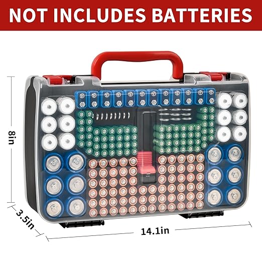 Double-Sided Battery Storage Organizer Case with BT-168 Tester, Holds 269, Fits AA AAA AAAA C D 9V 18650 CR123A CR2 23A 4LR44 and Coin Cells, Water-Resistant, Portable Handle - Black