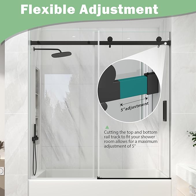 KPUY Frameless Sliding Bathtub Door, 55-60" W x 60" H Tub Shower Door, 1/4" (6mm) Thick Tempered Clear Glass with Explosion-Proof Film Nano Coating, Matte Black
