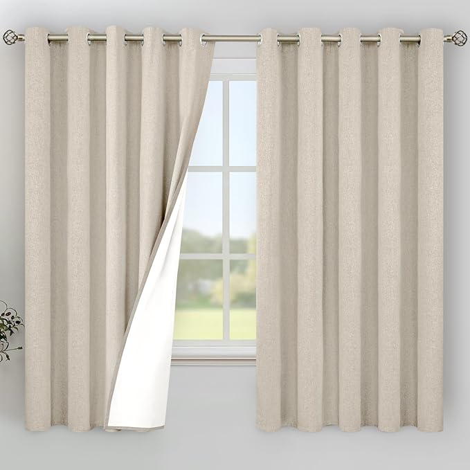 YoungsTex Oatmeal Linen 100% Blackout Curtains 63 Inch Length for Bedroom, Room Darkening Thermal Insulated Drapes Extra Wide with Grommet Blinds for Short Living Room, 2 Panels, 60 X 63 Inch
