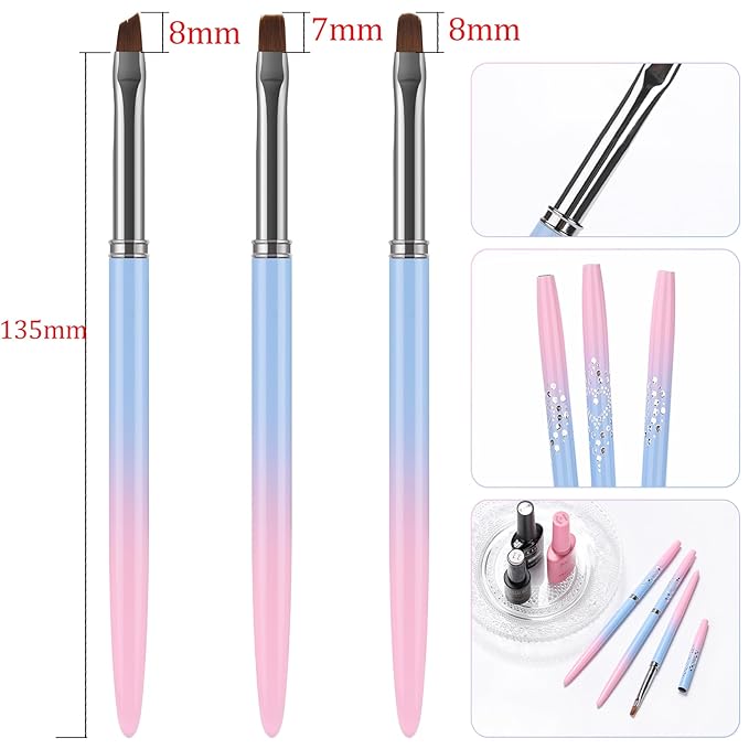 JASSINS Nail Art Clean Up Brushes, 3 Pcs Flat/Oval/Fine Angled Gel Nail Brushes,For Nail Art Design Painting DIY and Cleaning Polish Mistake on the Cuticles (Color)
