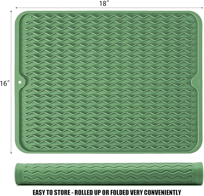 Silicone Dish Drying Mat for Multiple Usage, Easy clean, Eco-friendly, Heat-resistant Dish Drainer Mat for Kitchen Counter,Sink,Refrigerator or Drawer liner (18" x 16", Dark Green)
