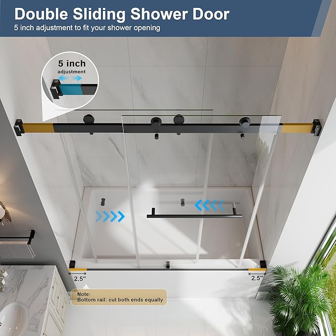 Frameless Bathtub Shower Door, 55-60" W x 60" H Double Sliding Tub Shower Door, 1/4''(6mm) SGCC Tempered Glass with Explosion-Proof Film Nano Coating, Matte Black