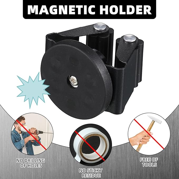 2 Pcs Magnetic Mop Broom Holder Movable Magnetic Broom Holder Rack, Anti Slip Wall Mounted Utility for Cleaning Tools, Garage, Kitchen, Laundry, Garden (Black)