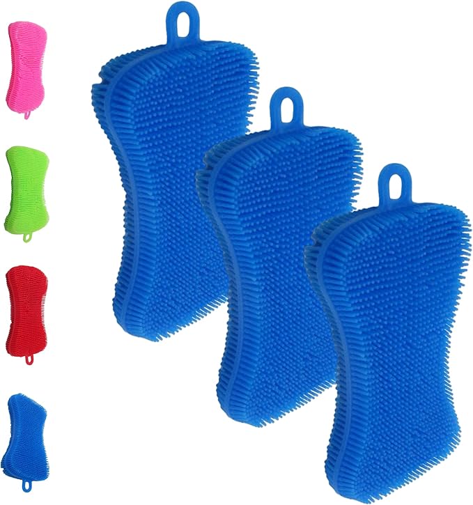 Silicone Dish Sponge - Dishwashing Kitchen Scrubber - Double Sided Sponge Brush - Multipurpose & Reusable Silicone Dish Sponges for Dishes, Fruits & Vegetables Cleaning - Blue (3 Pack)