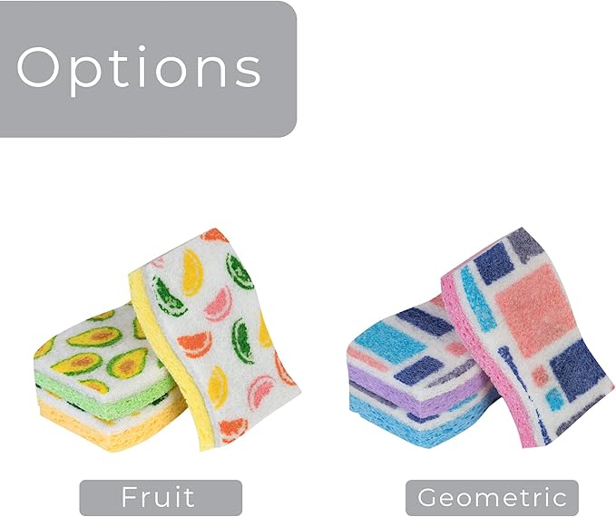 Smart Design Non-Scratch Cellulose Smart Scrub Sponge - Set of 9 - Ultra Absorbent - Ergonomic Shape - Cleaning, Dishes, & Hard Stains - Fruit Pattern - Orange, Green, Yellow