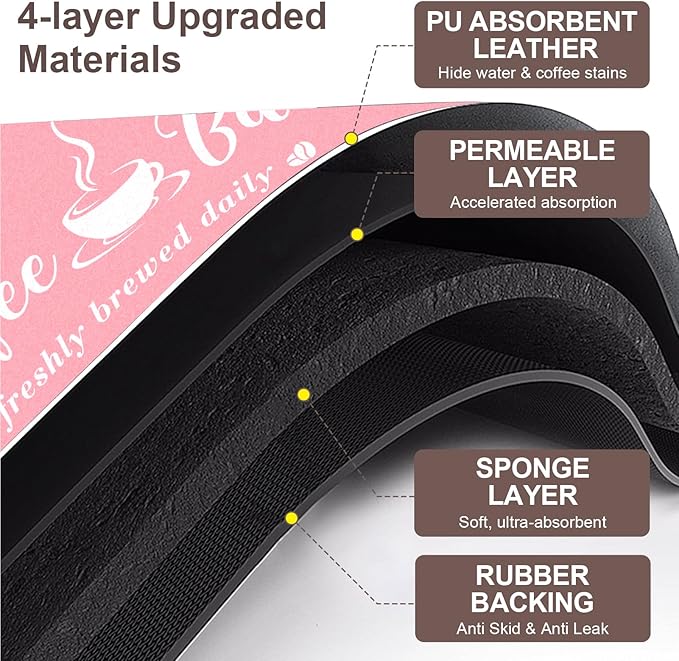 Absorbent Coffee Mat, Fashion Dish Drying Mat for Kitchen Counter Coffee Bar Accessories Espresso Machine Dish Rack 12" x 20" Pink