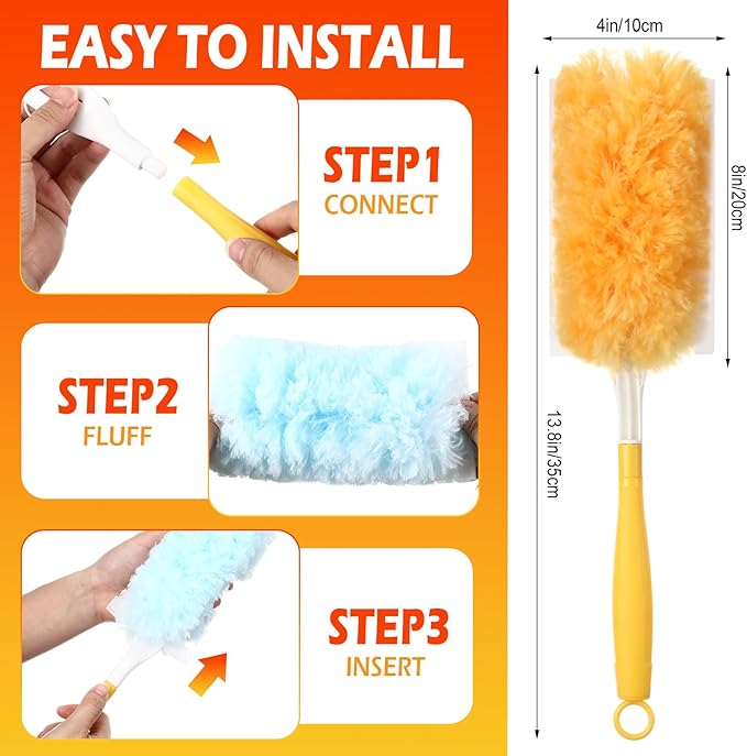 60 Pack Heavy Duty Duster Refills with 2 Handle 360 Microfibre Duster Replacement Head Disposable for Cleaning Blind Fan Furniture Electronics(Orange and Blue)