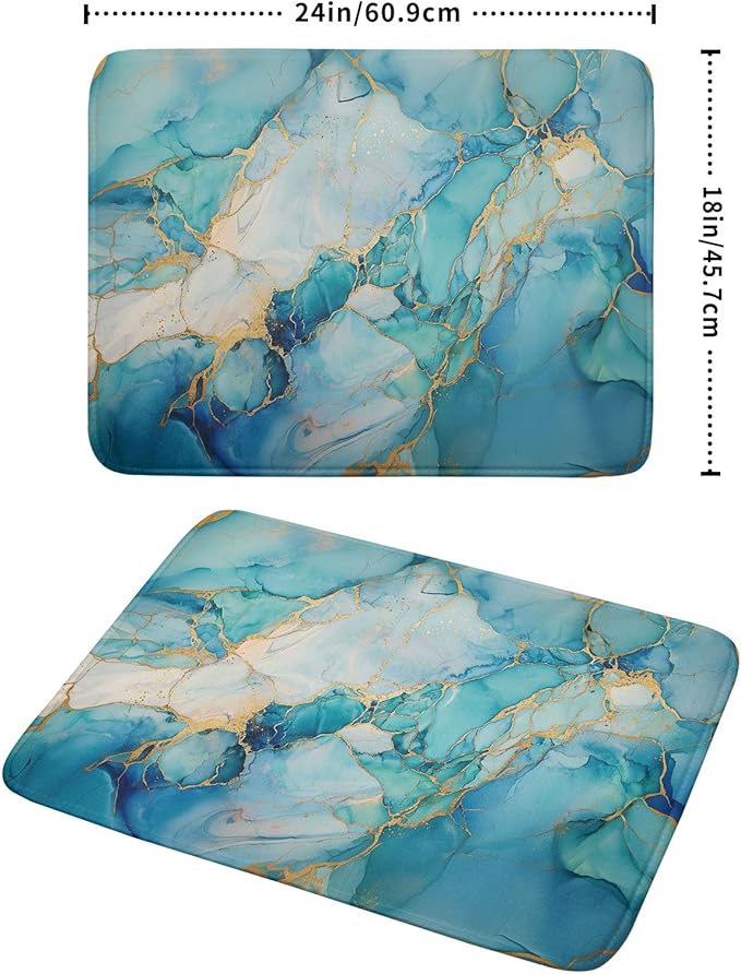 Marble Print Dish Drying Mat for Kitchen Counter,Blue Teal Turquoise Gold Drying Mat 18 x 24 Inch with Absorbent Reversible Microfiber Drying Pad for Coffee Bar