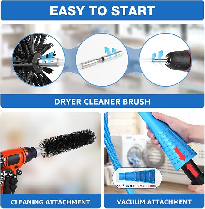 22-Piece 50-Feet Dryer Vent Cleaner Kit, Dryer Vent Cleaning Kit Lint Remover with Dryer Vent Brush, Vacuum Hose Attachment Cleaning Tools, Flexible Lint Trap Brush, Vacuum & Dryer Adapters