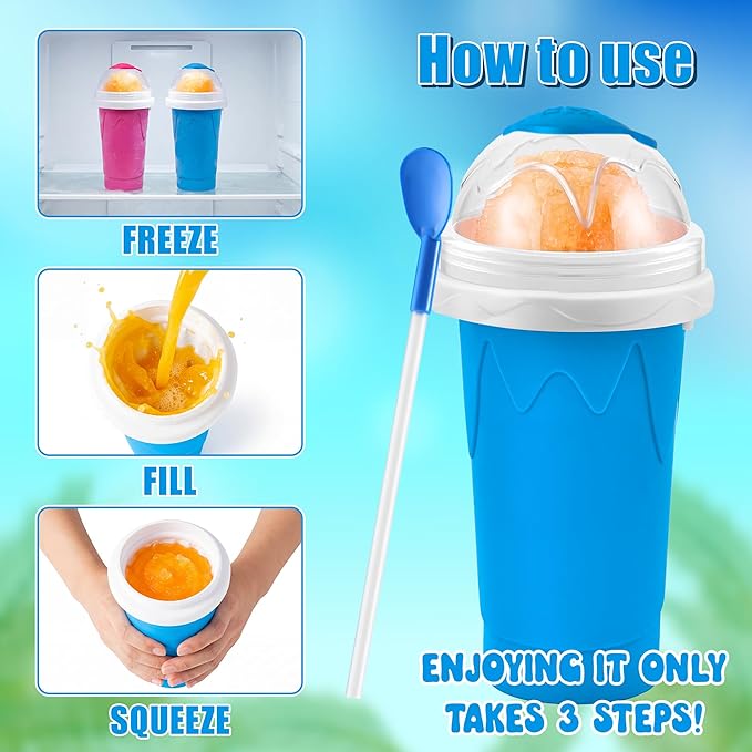 2 Pack Slushy Cup with Cleaning Brush Set - DIY Quick Freeze Squeeze Cup with Lid, Straw Spoon, Slushie Maker for Milk Juice Smoothies, Summer Gift for Kids Family Friends (Blue+Pink)