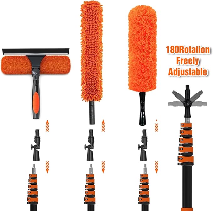 26FT High Ceiling Duster Kits with 5-20FT Telescoping Extension Pole - Fan Blade Cleaner, Cobweb Remover & Window Cleaning Kit, Washable Dust Brush for High Roof and Glass Surfaces