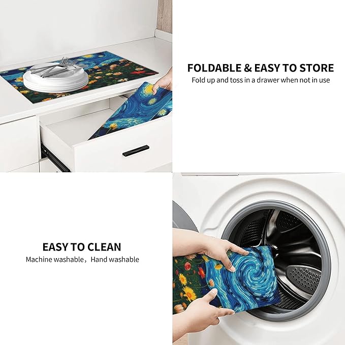 Starry Night Flowers Dish Drying Mat for Kitchen Counter, 18"x24" Microfiber Absorbent Fast Dry Mat, 2Pcs Dish Mat Faucet Mats Sets, Large Drying Kitchen Mat Kitchen Drying Pad