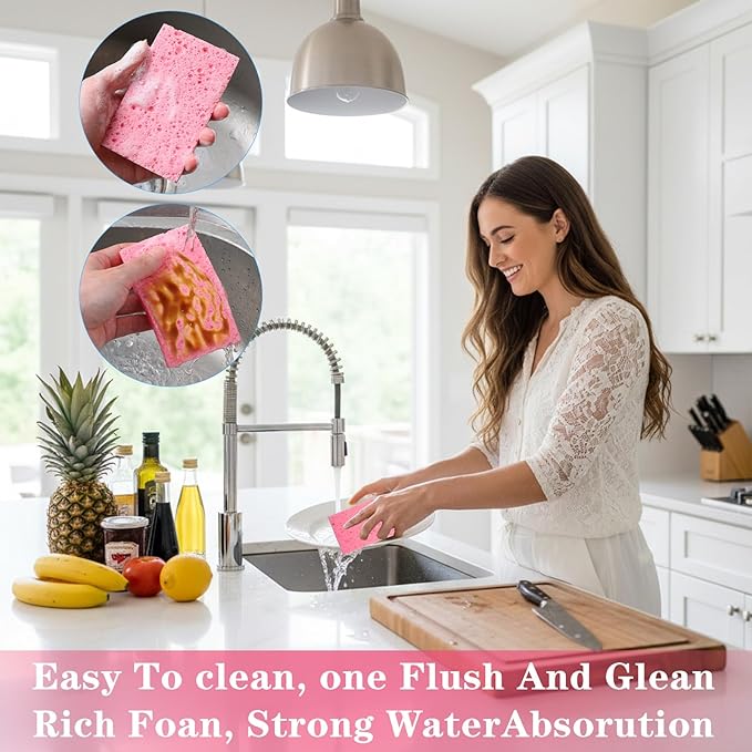 Sibba 16Pcs Cellulose Kitchen Sponges, 6 Color Compressed Cleaning Sponges, Natural Wood Pulp Non-Scratch Dish Sponge for Household Kitchen Bathroom, Dishwasher Safe, Durable & Reusable
