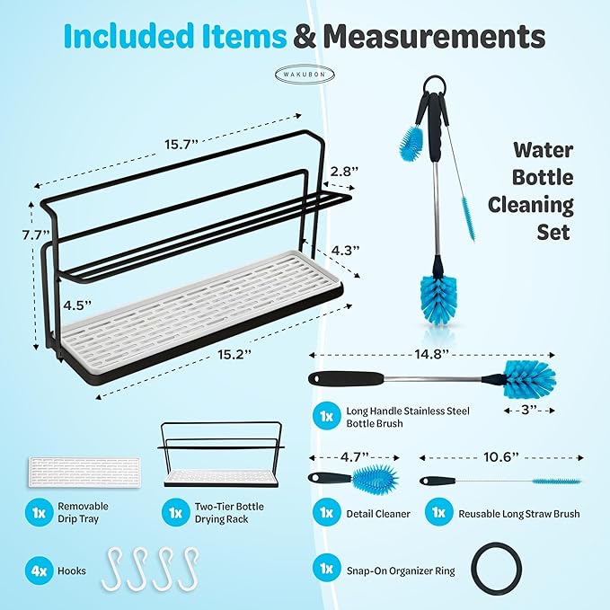 Bottle Drying Rack for Kitchen Countertop - Two-Tier for Water Bottles and Tumblers, Space-Saving Storage Stand with Drainage Tray, Includes Water Bottle Drying Rack Brush Cleaning Set (Black)