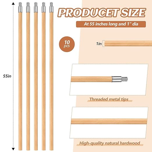 Barydat 55 Inch Lacquered Wood Broom Handle with Metal Threaded Tip Heavy Duty Natural Lacquered Wood Handle for Floor Home Office Commercial, 1" Diameter(10 Pack)