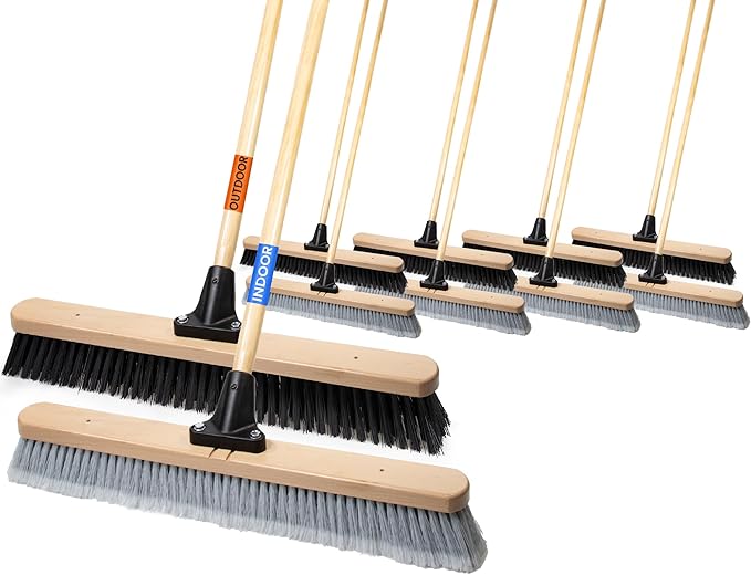 ALANNG 24” Push Brooms for Indoor and Outdoor, Heavy Duty Broom for Sweeping with 61” Wood Handle, Soft Bristle and Stiff Bristle Broom Set for Shop, Garage