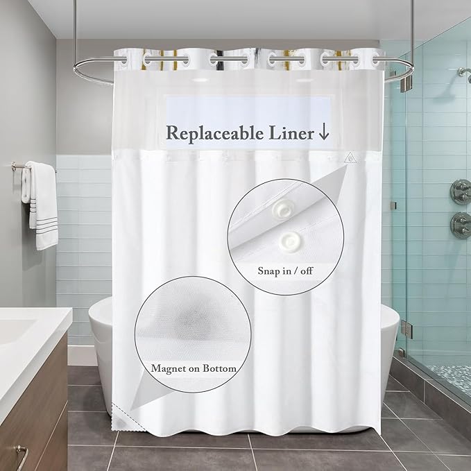 No Hook Shower Curtain with Snap in Liner, Hotel Style Black White Gold Brush Strokes Art Modern Shower Curtain Waterpoof Washable with See Through Top Window,71"x71"