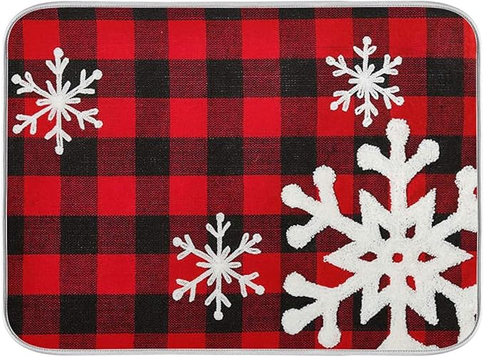 Christmas Red Plaid Snow Snowflake Dish Drying Mat 18x24 inch Red Black Lattice Texture Dish Drainer Kitchen Counter Mats Bottles Dish Dry Pad Protector for Kitchen Countertops