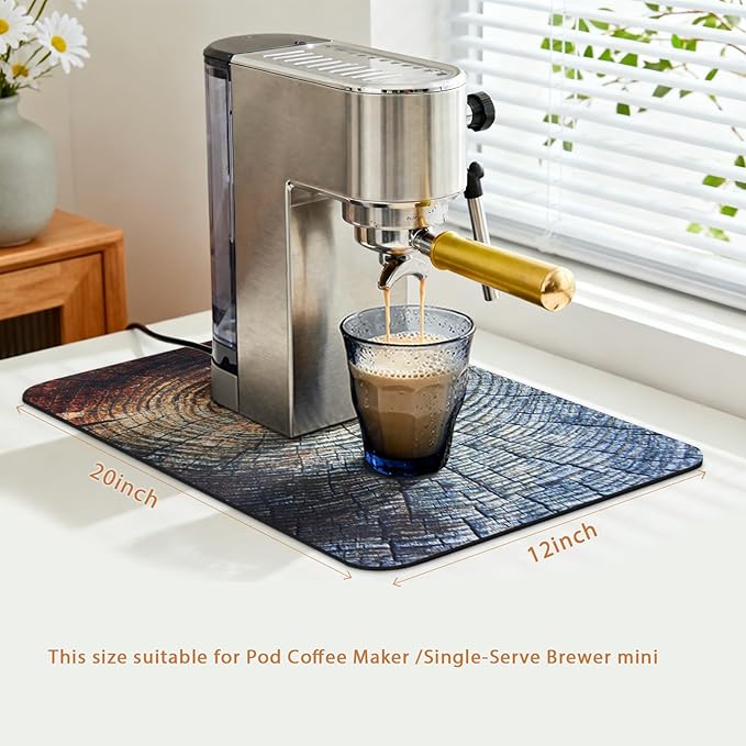 Coffee Drip Mat 20x12 Inch, Wood Grain Stump Design, Absorbent Hide Stain Rubber Backed Dish Drying Mat for Kitchen Counter, Bar Mat for Countertops, Under Coffee Maker Machine Pot Espresso Machine