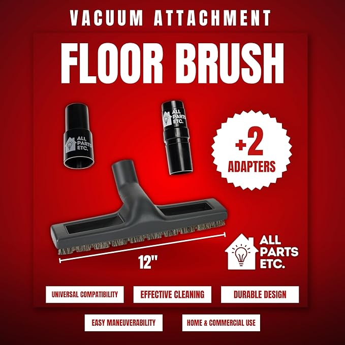 Vacuum Floor Brush Attachment, 12 Inch Brush for 1.25” Vacuum Accessories with Two Adapters for 1 3/8” & 1.5" Compatibility with Shop Vac, Shark, Miele, Bissell, Nutone, & Central Vacs