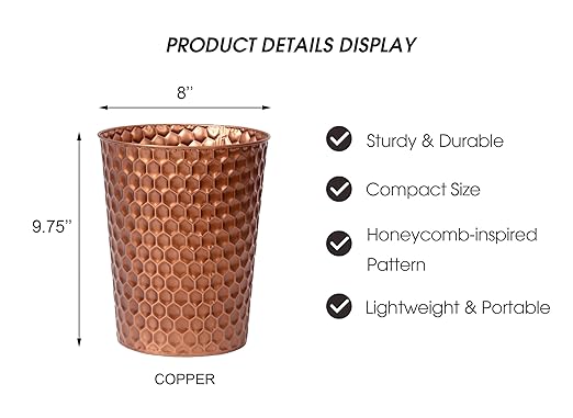 Small Metal Trash Can Wastebasket, Decorative Honeycomb Garbage Can Waste Basket, Modern Farmhouse Round Trash Bin for Bathroom, Bedroom, Kitchen and Office (Copper)