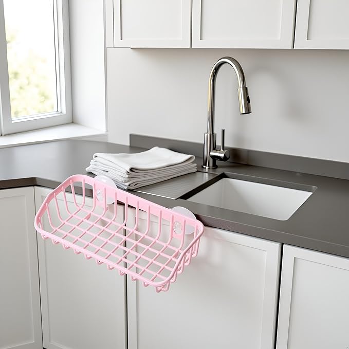 Pink Multifunctional Drain Rack,Hanging Storage Rack Drain Rack Sink Shelf Suction Cup Dishwashing Soap Sponge Holder for Kitchen Accessories Racks and Holders