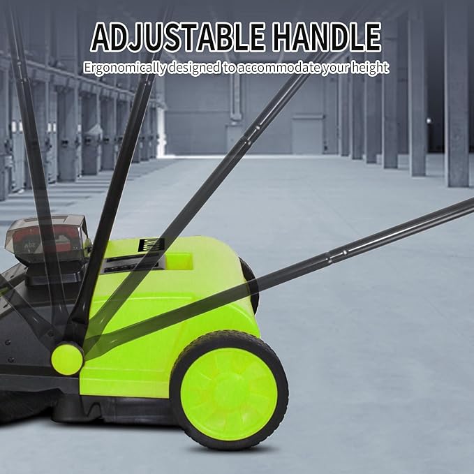 UNICOO® Electric Hand Push Floor Sweeper – Battery Powered Walk-Behind Sweeper with Dual Brush Rollers, 23" Sweeping Width & 6.6 Gallon Waste Bin – Indoor/Outdoor Push Sweeper (Green)