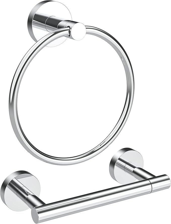 Polished Finish Toilet Paper Holder & Towel Ring SUS304 Stainless Steel 2pc Bathroom Hardware Set with Double Post Pivoting Toilet Paper Roll Holder Wall Mount & Bathroom Towel Holder Set