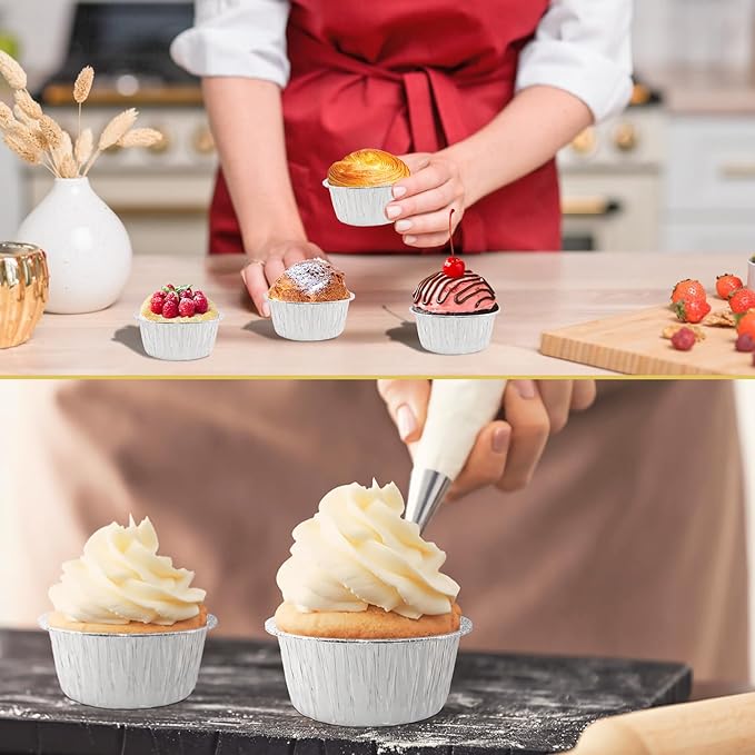 Aluminum Foil Baking Cups 150 Pcs, SUPPHOUS 5 Oz Disposable Ramekin Aluminum Cupcake liners, Silver Foil Baking Cups Muffin Liners for Cupcake, Baking, Egg Tart, Pudding, Creme Brulee