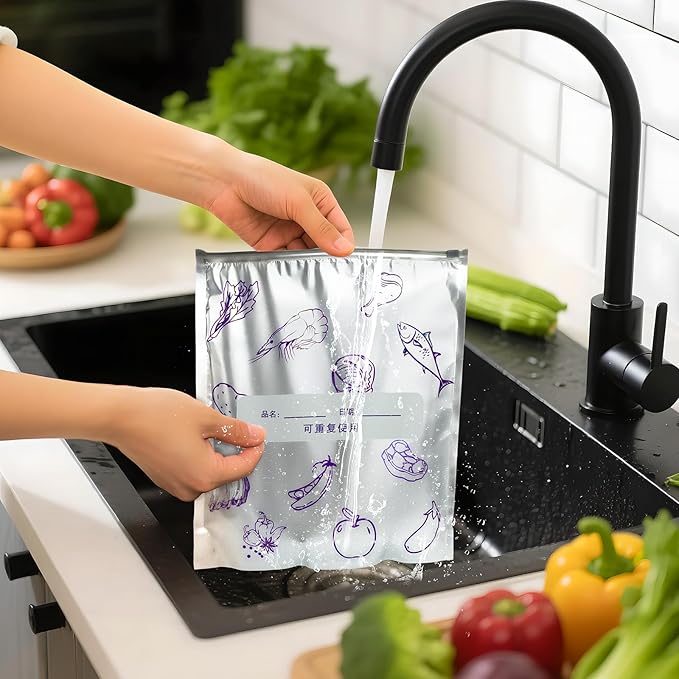 Reusable Aluminum Foil Food Storage Bags with Writable Label, Stand-up Leakproof Ziplock Freezer Bags for Refrigerator, BPA-Free Durable Food Pouch (50-Pack, 6.7Wx8.8H)