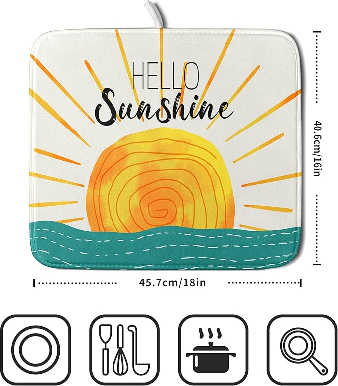 Summer Seaside Sunset over Sea Dish Drying Mat for Kitchen Counter,Hello Sunshine Drying Mat 16 x 18 Inch with Absorbent Reversible Microfiber Drying Pad for Coffee Bar