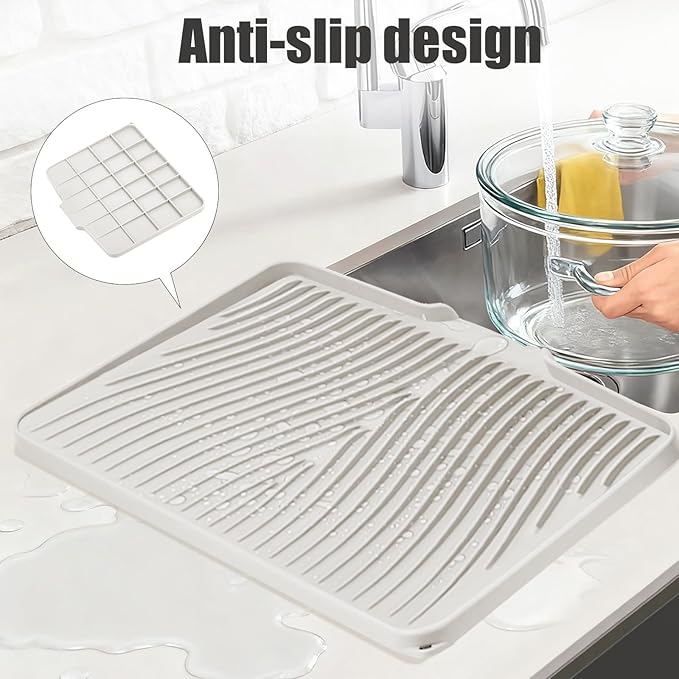 Silicone Dish Drying Mat, Stone Drying Mat for Kitchen Counter with Built-In Drain, Non-Slip Drain Pad with Built-in Drain, Heat Resistant Stone Drying Mat, 1Pcs 20" x 15", Cream