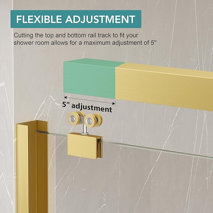 KPUY Glass Shower Door, 49-54" W x 76" H Semi-Frameless Double Sliding Shower Door, 1/4" (6mm) Thick Tempered Clear Glass with Explosion-Proof Film Nano Coating, Brushed Gold