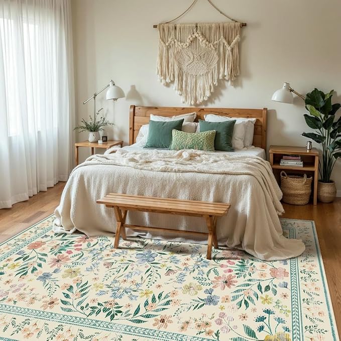 Floral Rug for Living Room Bedroom, 5x7 Washable Rug, Green Vintage Boho Area Rug, Large Non Slip Low Pile Wool Carpet for Indoor Dining Room,Girls Room,Nursery Room and Kids Room(Green 5x7ft)
