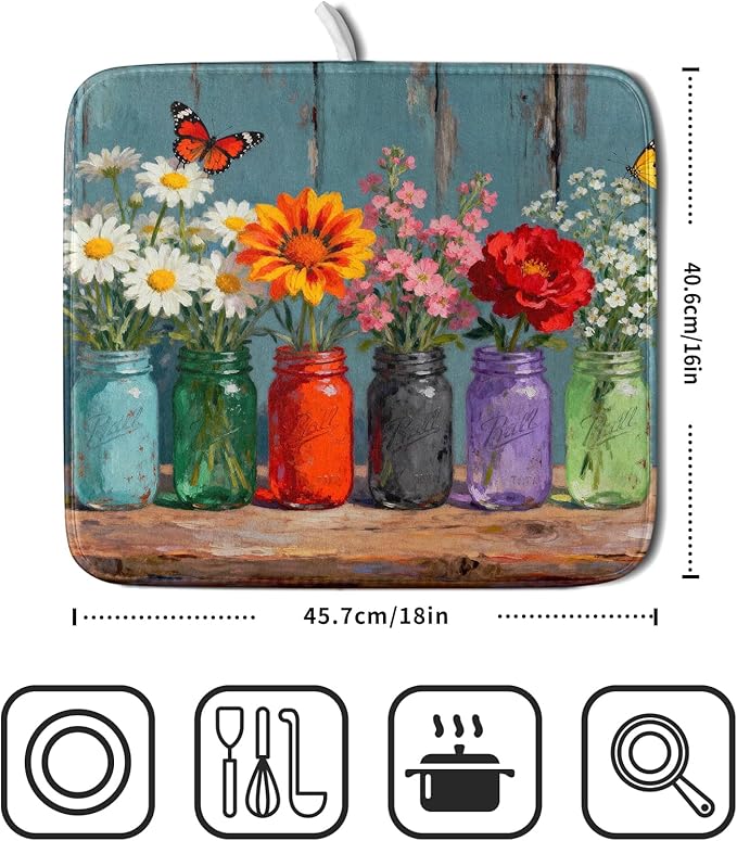 Spring Summer Floral Dish Drying Mat for Kitchen Counter 16x18 Flower Bottle Butterfly Woodgrain Seasonal Absorbent Reversible Microfiber Drying Mats Kitchen Countertop Protector Dishes Drainer Pad