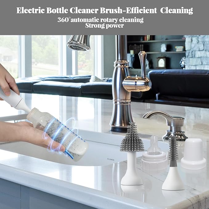 Electric Cleaning Brush with USB Rechargeable Electric Bottle Brush Cleaner and 3 Replaceable Silicone Bottle Brushes and Straw Cleaner Brush,Perfect Baby Gifts and Kitchen Brushes(White)