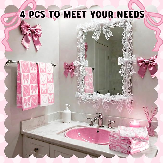 Frienda 4 Pcs Pink Bow Hand Towels for Bathroom 13 x 29'' Soft 100% Cotton Valentines Day Decorative Towel Coquette Bow Kitchen Decor Absorbent Pink Preppy Bathroom Decor Bridal Shower Wedding Gift