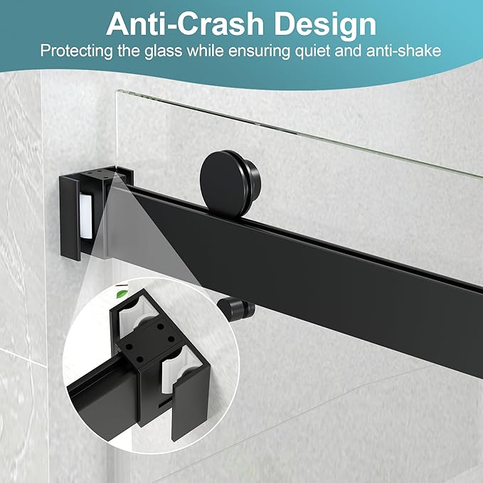 KPUY Frameless Tub Shower Door, 55-60" W x 60" H Double Sliding Bathtub Door, 1/4" (6mm) Thick Tempered Clear Glass with Explosion-Proof Film Nano Coating, Matte Black