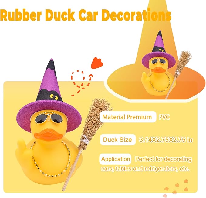 Halloween 3.15" Fun Rubber Duck Witch Duck Car Dashboard Decorations Halloween Witch Hat Broom Sunglasses Necklace for Car Home for Office Accessories