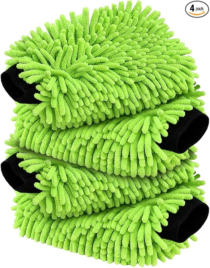 Car Wash Mitt Microfiber, Premium Chenille Microfiber Wash Car Mitts Sponge Scratch Free & Lint-Free, Mitts Waterproof Lining 4 Pack Green (8''X12'')