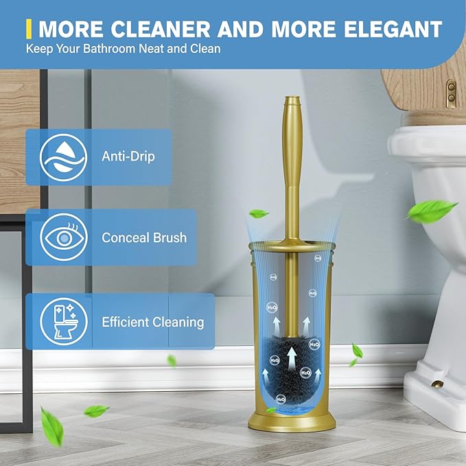 UPTRONIC Toilet Brush, Aluminum Alloy Toilet Brush and Holder Set with Long Handle Durable Bristles Toilet Bowl Brush and Covered Holder for Toilet Scrubber for Bathroom Cleaning (2, Gold)