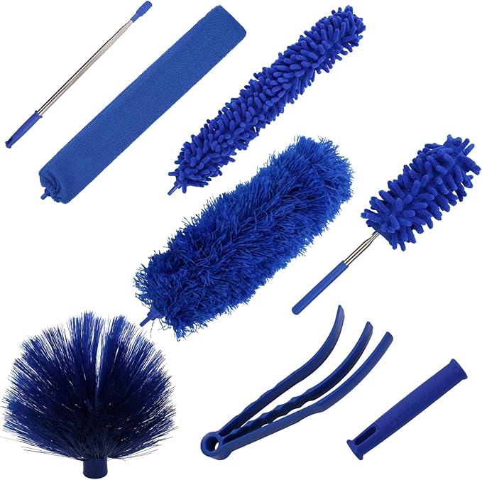Ceiling Fan Cleaner Duster Set, Dusters with Extension Pole Reusable, Microfiber Ceiling Fan Blade Cleaner, Suitable for Cleaning Wall Blinds Door Furniture Bookshelves (Blue)