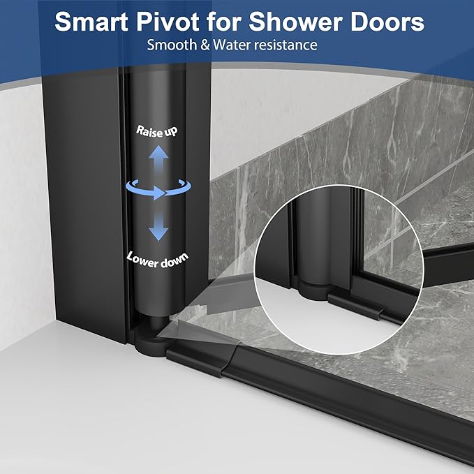 KPUY Pivot Shower Door, 26-28" W x 72" H Frameless Single Swing Glass Shower Door with Explosion-Proof Film Nano Coating, 1/4" (6mm) Thick Tempered Clear Glass, Matte Black